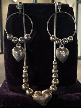 Curated Pair Signed Y 925 Italy Heart Necklace & Silver Tone Hoop Earrings
